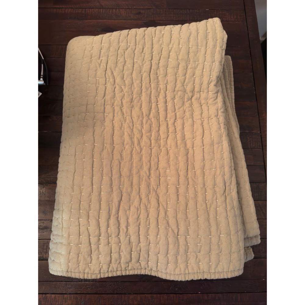 Pottery Barn Twin Pick Stitch Quilt Tan Khaki Cotton Linen Blend Bedding 3024577